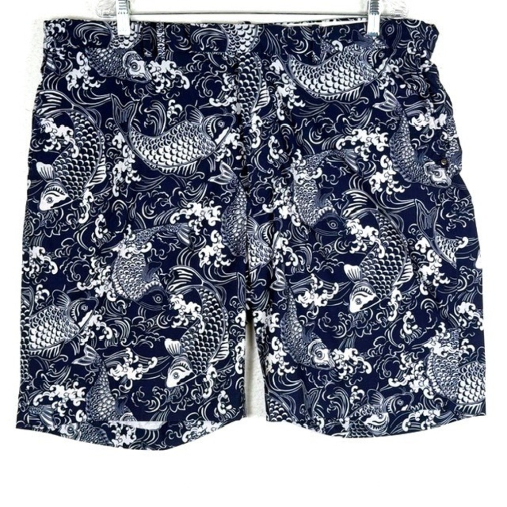 RLX Ralph Lauren Mens Navy White Koi Fish Wave Print Golf Shorts Size 40